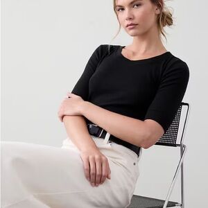 Banana Republic Ribbed Elbow-Sleeve T-Shirt, Black, Large